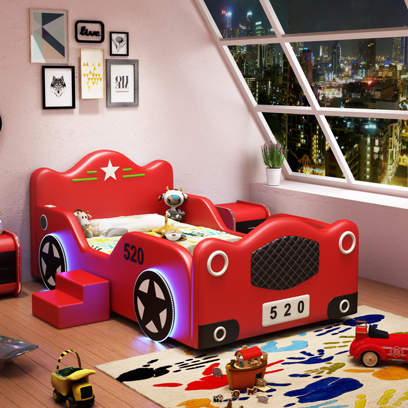 Cartoon car bed infant bed with guardrail stitching single combination children's bed boy creative bus leather bed