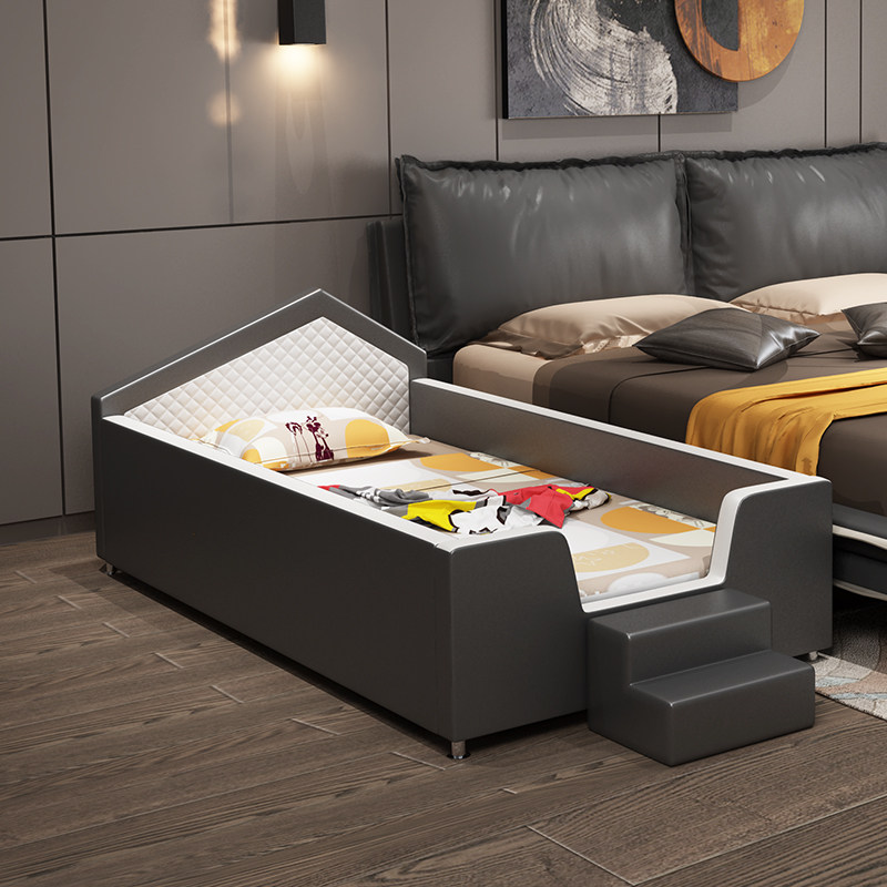 Children's leather bed boy girl princess bed child widening combination with guardrail stitching bed crib stitching king bed