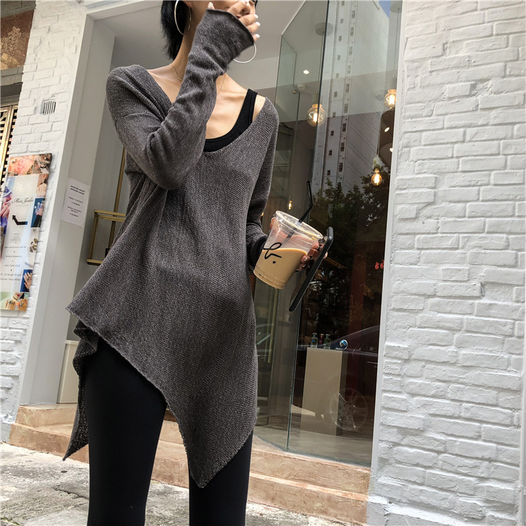 Big V-neck hem irregular knitted sweater women's long-sleeved autumn lazy and thin loose top
