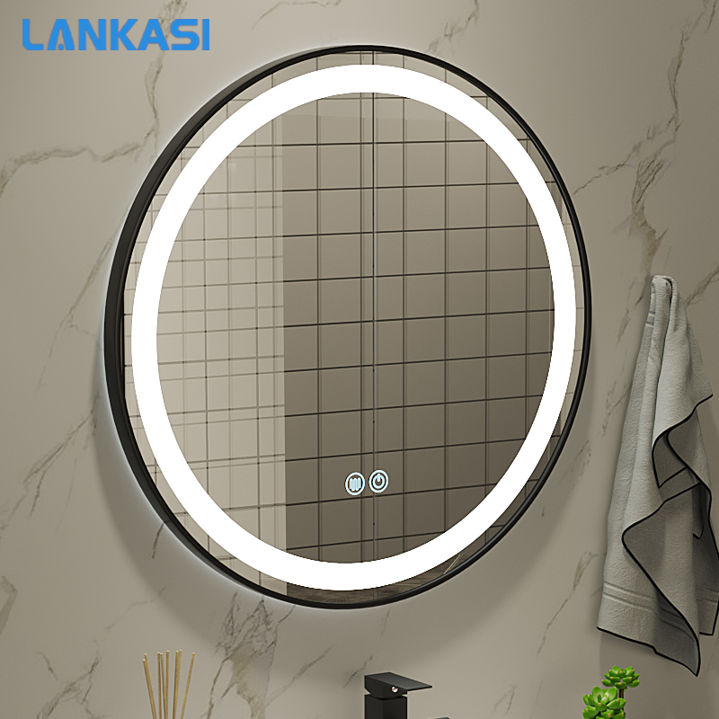 Aluminum frame round smart mirror LED light Bathroom mirror Wall-mounted makeup mirror Powder room with light hanging wall anti-fog mirror