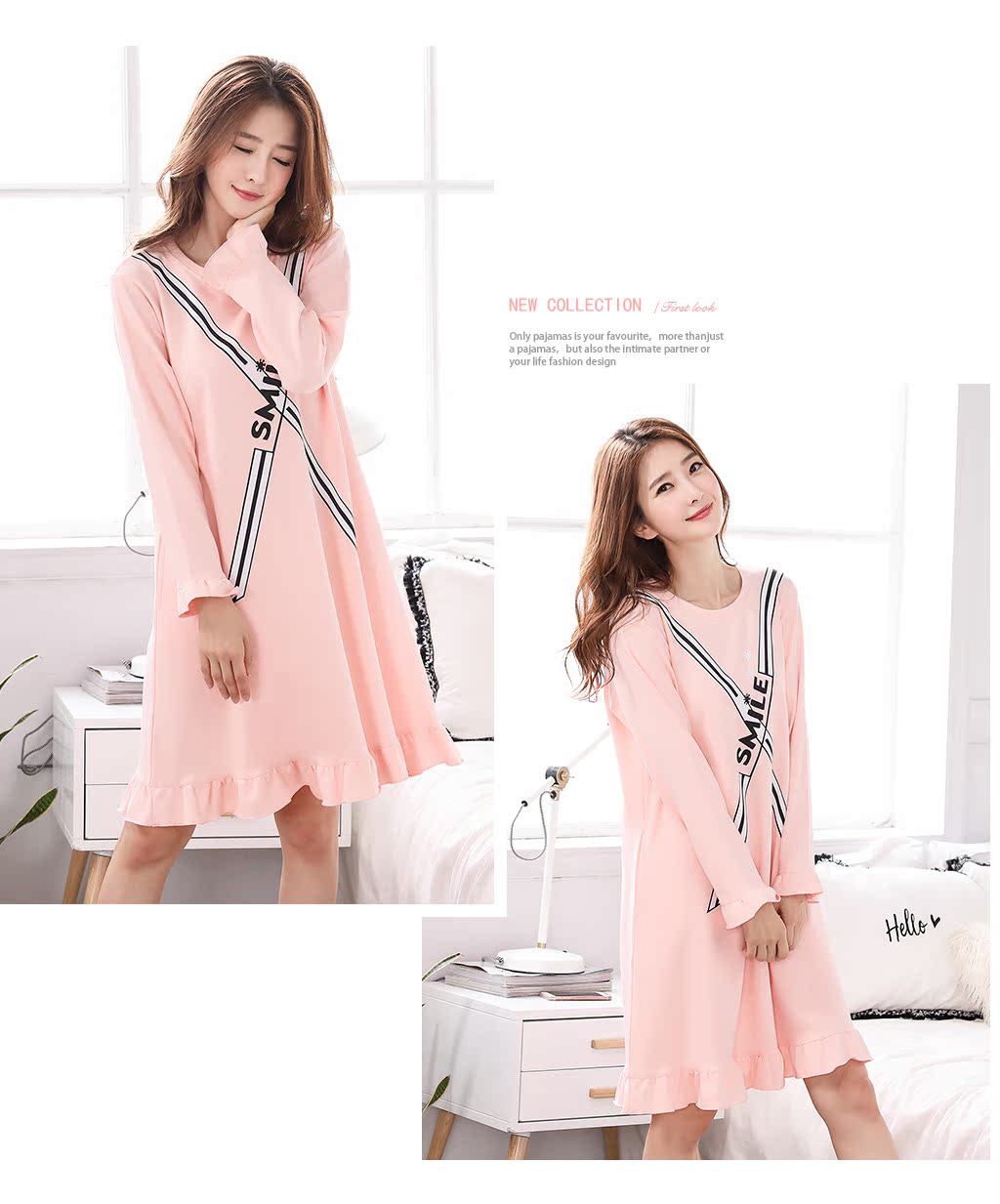 Váy ngủ nữ mùa xuân phiên bản Hàn Quốc của mùa hè và mùa thu cotton dài tay ngọt ngào Bộ đồ ngủ một mảnh ngọt ngào công chúa nữ dễ thương thả lỏng váy mặc nhà dễ thương