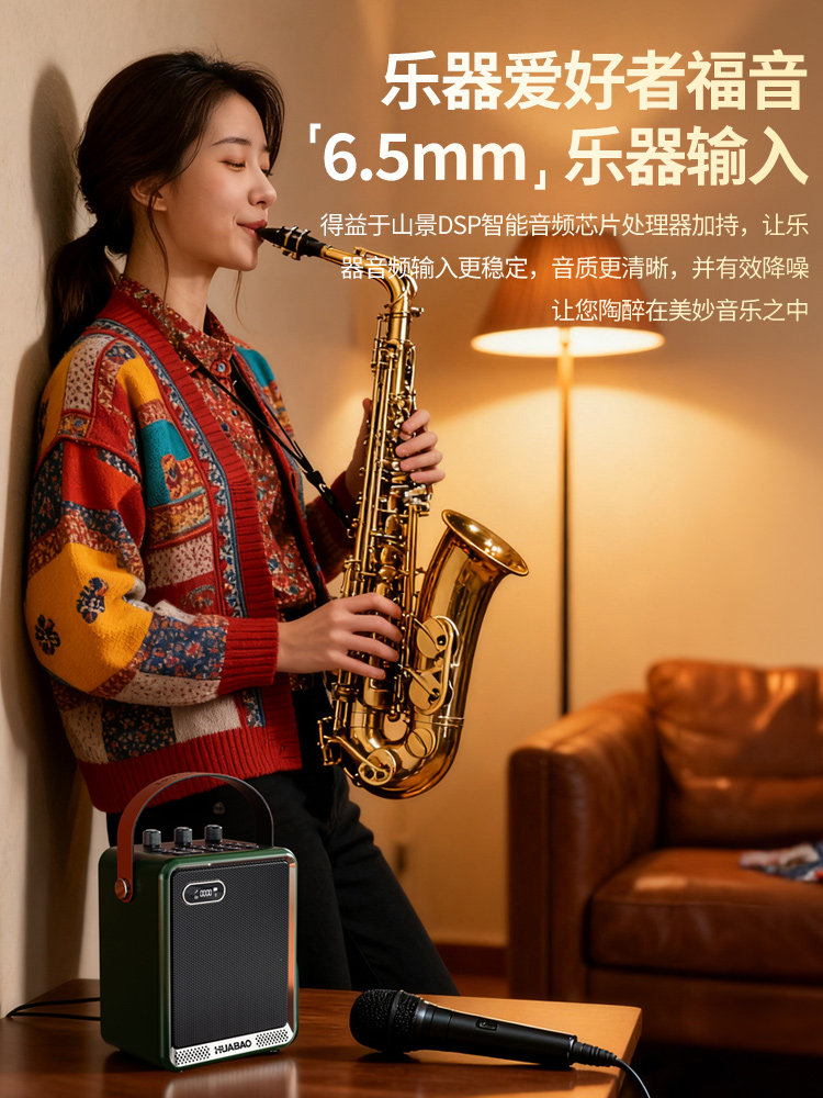 Huabao Outdoor Portable Karaoke Speaker Microphone with Built-In Sound Card for Square Dancing, Bluetooth Instrument Small Speaker