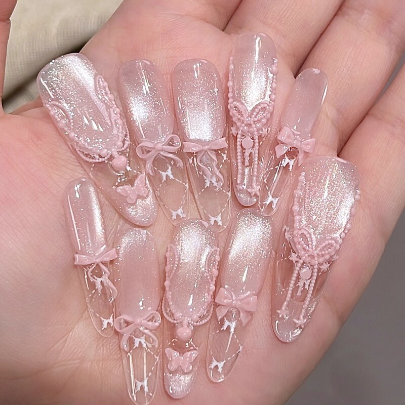 Girly Thoughts Pink Sweet Atmosphere Sparkling Cat Eye French Bow Three-Dimensional Handmade Wearable Nails