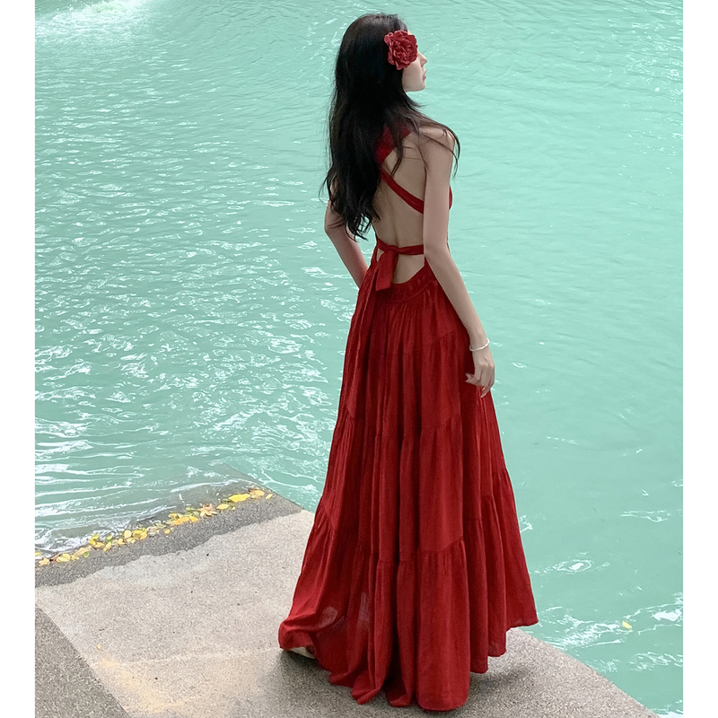 Beautiful and Elegant Backless Red Vacation Dress, Long Dress, Hainan Sanya Travel Outfit, Women's Beach Dress