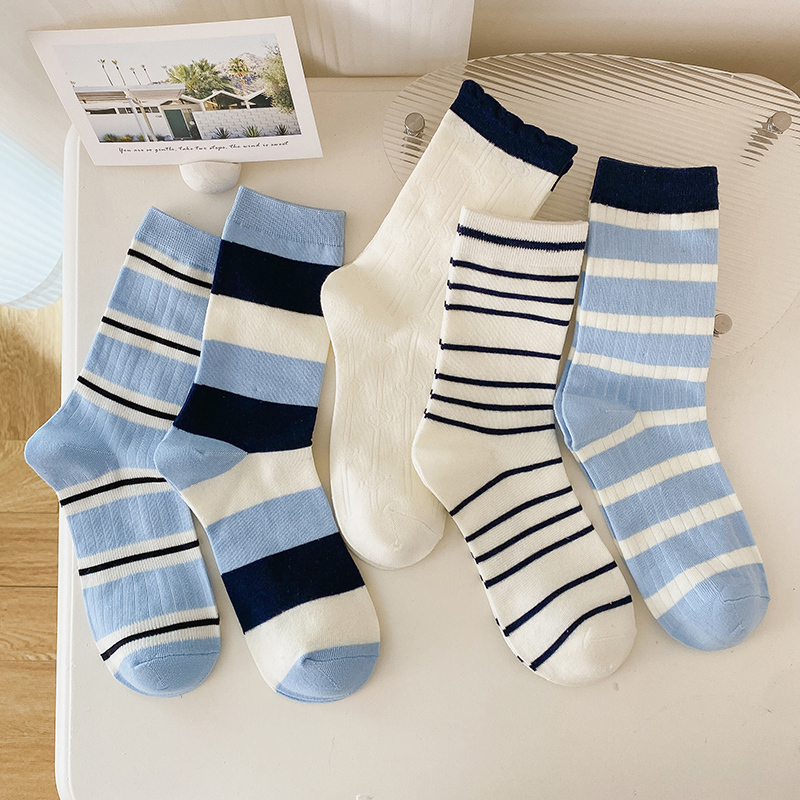 College Style Spring and Summer Thin Blue and White Striped Mid-Calf Women's Socks, Versatile Lace Navy Style Long Socks for Girls