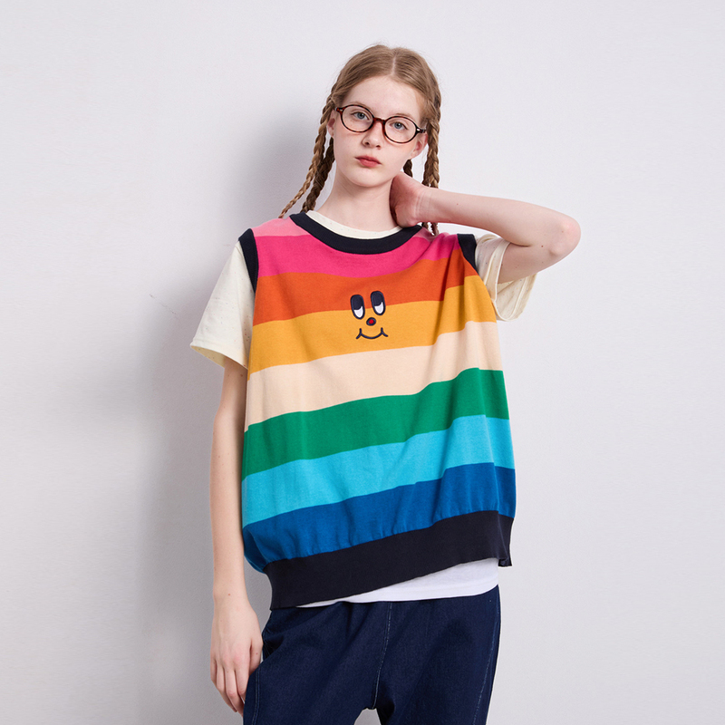 Qinian Original Loose Vest, Color-Blocked Retro Rainbow Style, Neon Color Layered Knit Vest