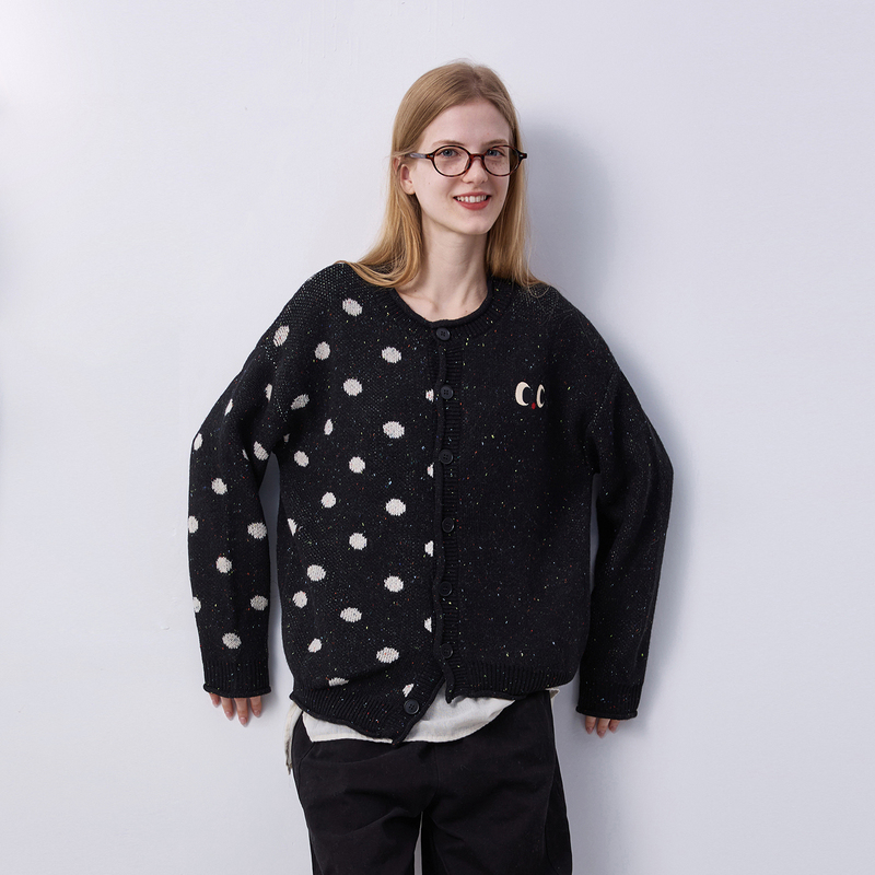 Qinian Original Design Polka Dot Black Wool Blend Rolled Edge Sweater Polka Dot Knit Cardigan Asymmetrical Cardigan