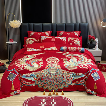 Wedding four-piece set big red cotton festive quilt cover