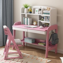 Primary School Student Desk Solid Wood Writing Desk Home Bedroom Learning Table With Bookshelf Integrated Height-adjustable Height Children Table