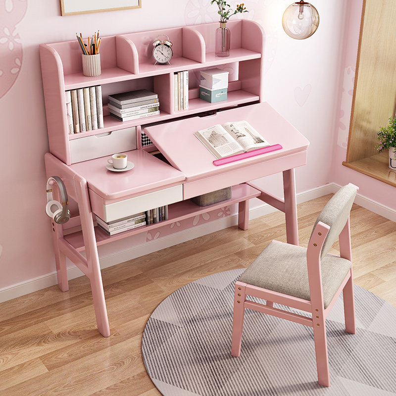 Learning Table Solid Wood Adjustable Height Household School Desk for Students Desk Simple Book Color