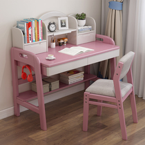 Childrens full solid wood learning table primary and middle school students writing table and chairs suit minimalist with bookshelves home liftable desk