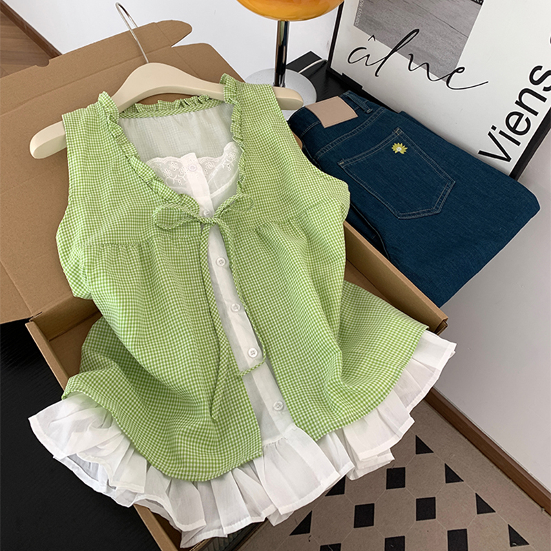 Korean Style Fresh Green Plaid Patchwork Fake Two-Piece Sleeveless Vest Shirt for Women Summer Ruffled Tie-Up Top