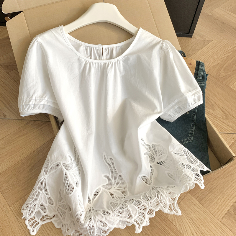French Gentle Style White Lace Crochet Hollow Shirt for Women, Summer Korean Style Loose Puff Sleeve Babydoll Top French Gentle Style White Lace Crochet Hollow Shirt for Women, Summer Korean Style Loose Puff Sleeve Babydoll Top