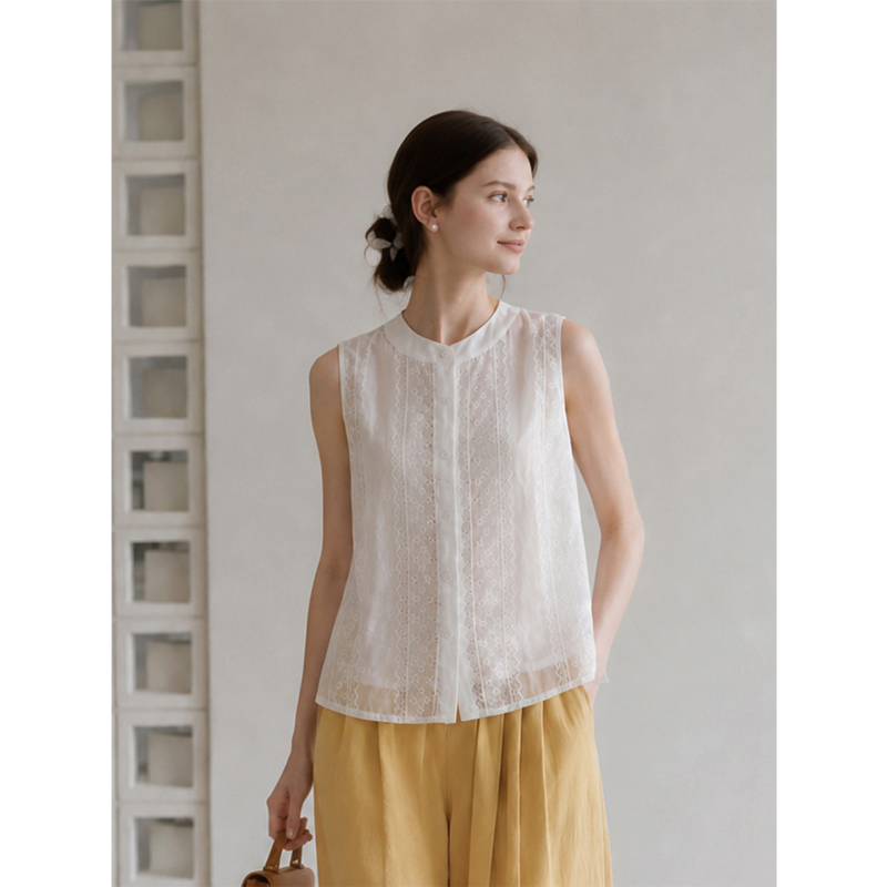 French Lace Splicing Stand-Up Collar Sleeveless Shirt for Women, Summer Korean Style White Embroidered Design Loose Thin Top