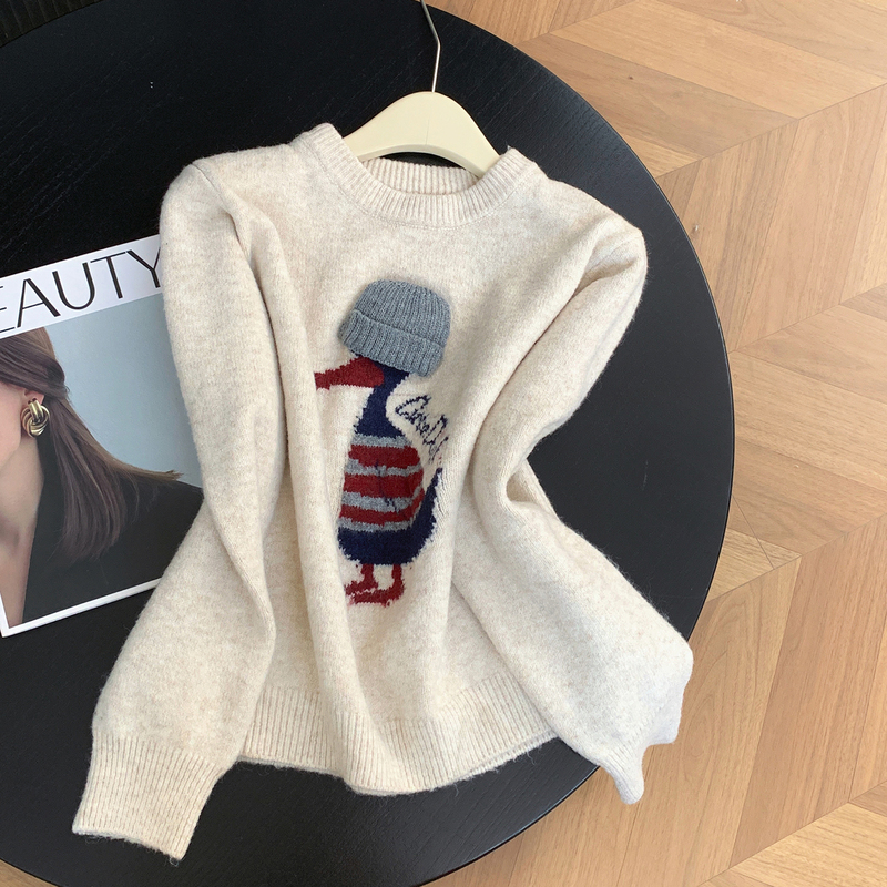 2026 Autumn/Winter New Age-Reducing Cartoon Duck Jacquard Sweater for Women, Lazy Style, Loose, Soft, Round Neck Knitted Top