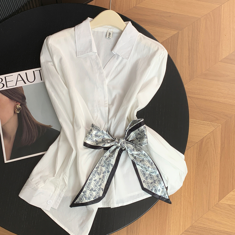 French-Style Elegant White Waist-Cinching Silk Scarf Tie Shirt for Women, Early Spring New Design, Stunning and Unique Long-Sleeved Shirt