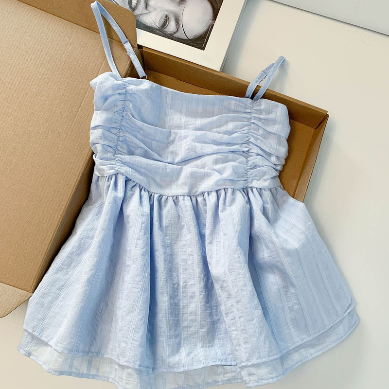 Vacation Style Blue Striped Pleated Camisole for Women, Summer Square Neck Short Loose Girly Style Babydoll Top