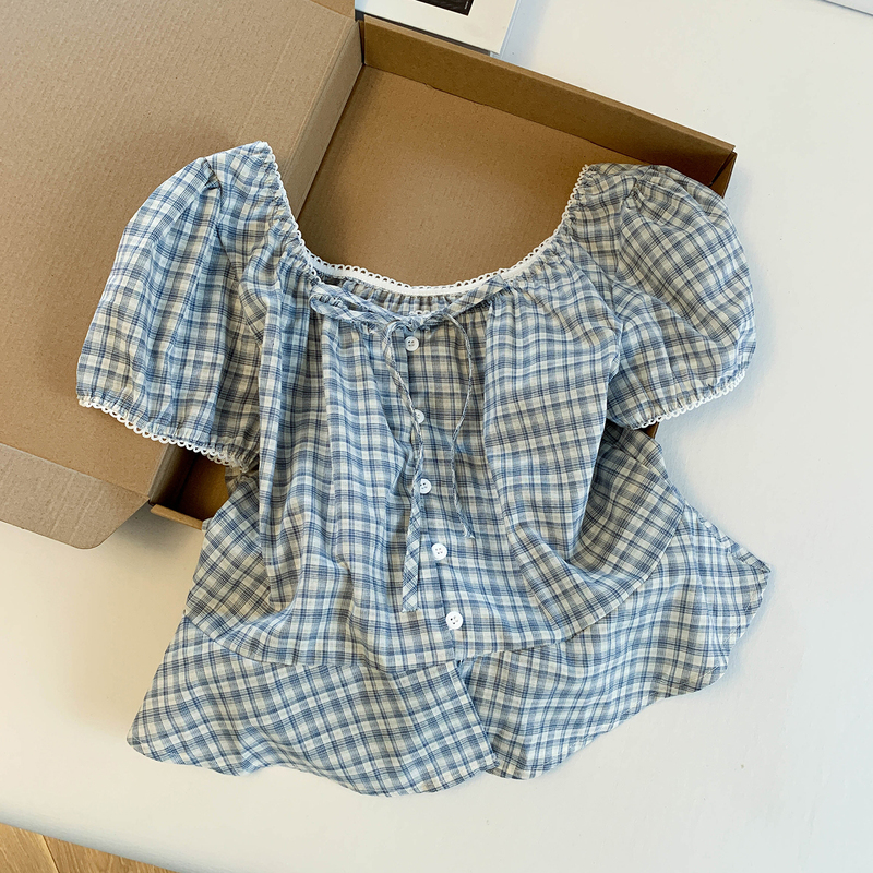 Korean Style Fresh Blue Plaid Puff Sleeve Shirt for Women, Summer Lace-Up Lace Patchwork Slimming Babydoll Top