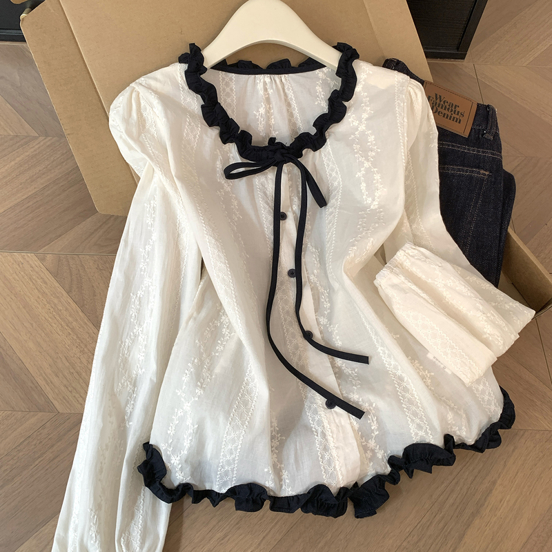 Korean-Style Ruffled Jacquard Embroidered Shirt for Women, Spring Long-Sleeve Loose Versatile Tie-Up Round-Neck Top, Japanese-Style Shirt