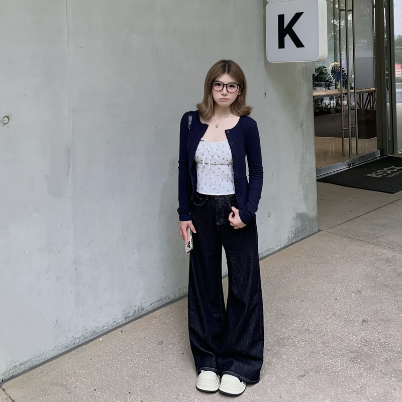 Dark Blue Loose Wide-Leg Jeans, Spring and Autumn Original Color Floor-Length Pants