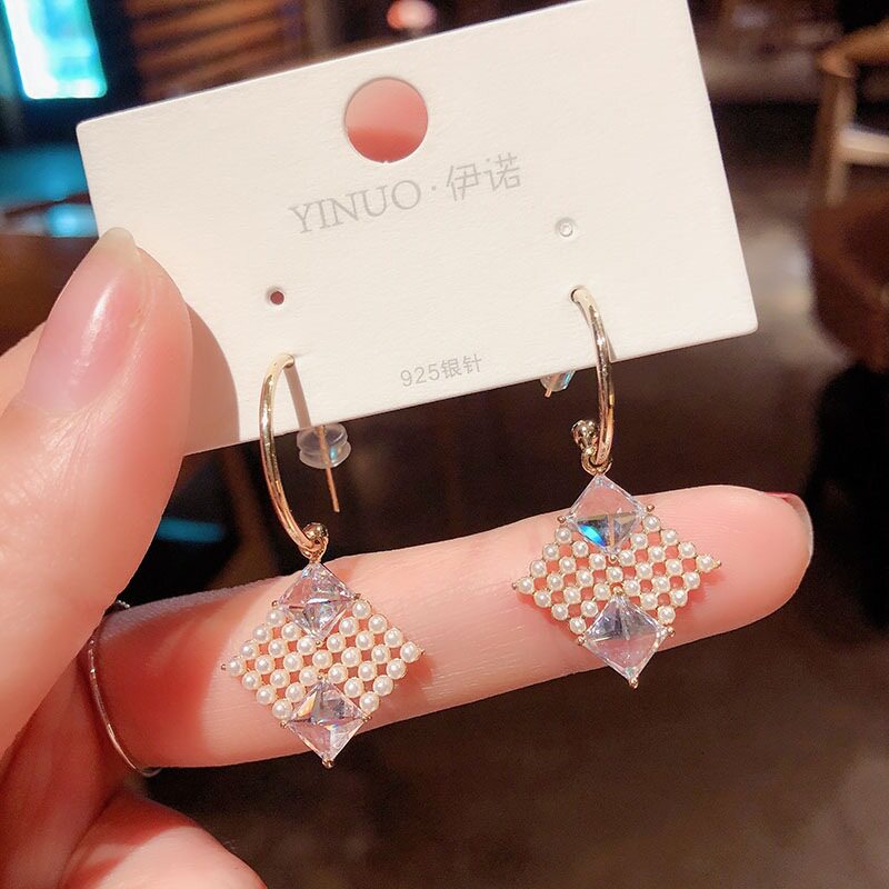925 Temperament Korean Version Hollowed-out Square Silver Needle Pearl Pendant Earshot Diamond Inlaid Zircon Hollow C Type Earrings