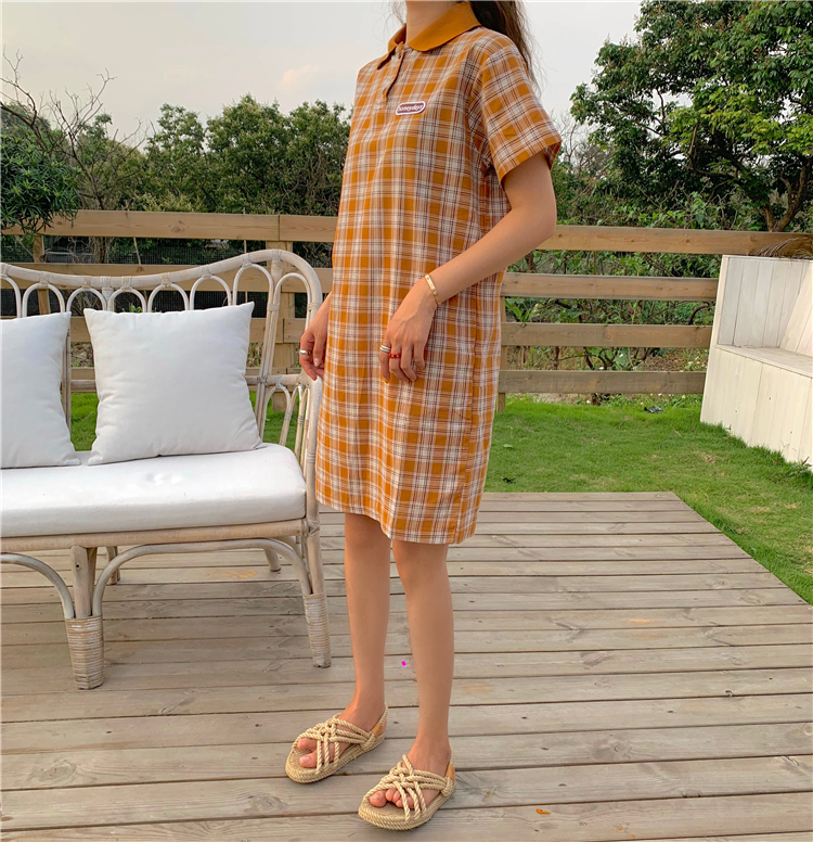 VK旗艦店 韓系格紋復古文藝polo短袖洋裝