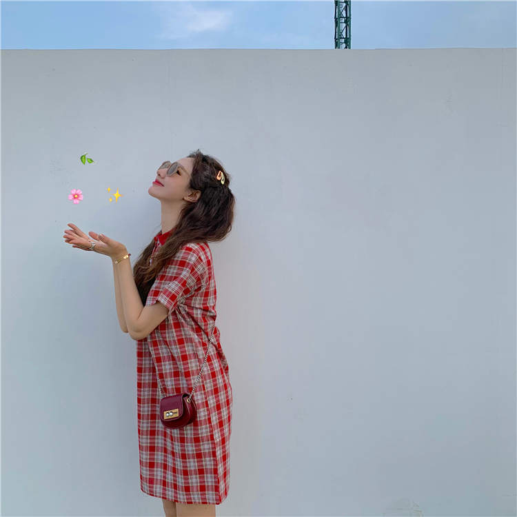 VK旗艦店 韓系格紋復古文藝polo短袖洋裝