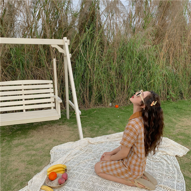 VK旗艦店 韓系格紋復古文藝polo短袖洋裝