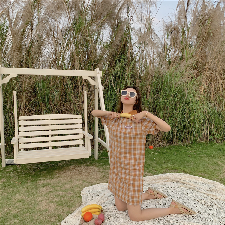 VK旗艦店 韓系格紋復古文藝polo短袖洋裝