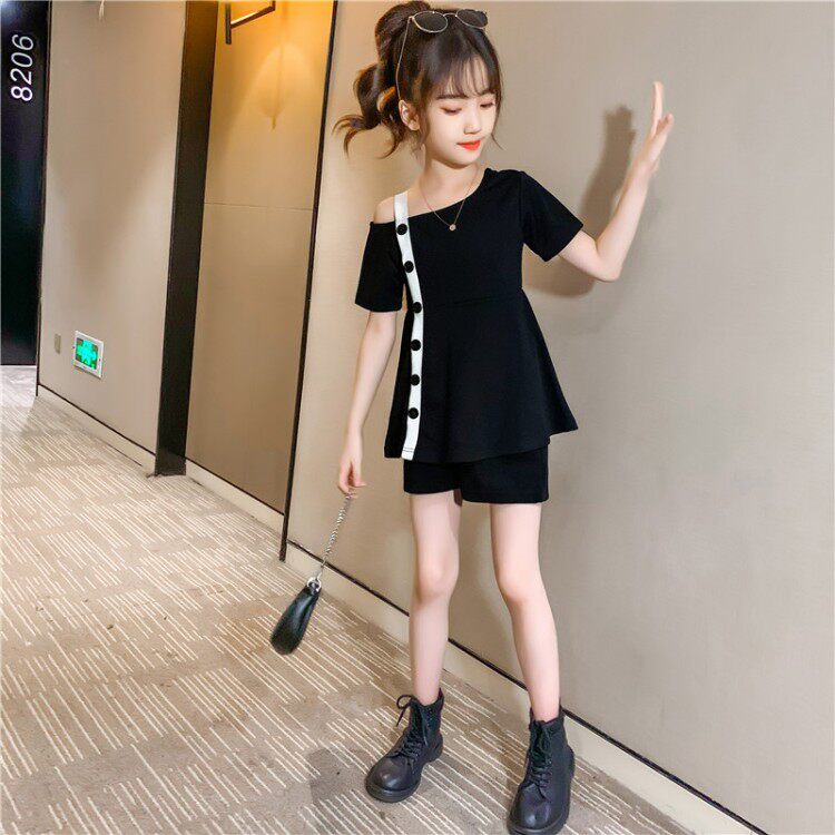 Girl's summer dress foreign pie suit 2022 new CUHK Trendy Nets Red Summer Children Little Girl Two Sets of Tides