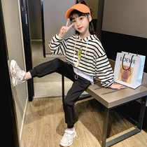 Girl Set Spring and Autumn 2021 New Korean version of autumn dress childrens foreign-style stripes two-piece little girl childrens clothing tide