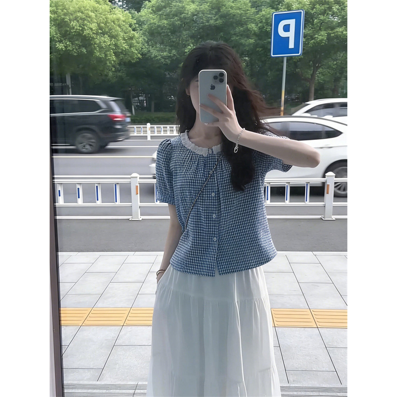Korean-Style Blue Plaid Lace-Trimmed Short-Sleeve Shirt for Women, Summer 2026 New Model, High-End French-Style Chic Top