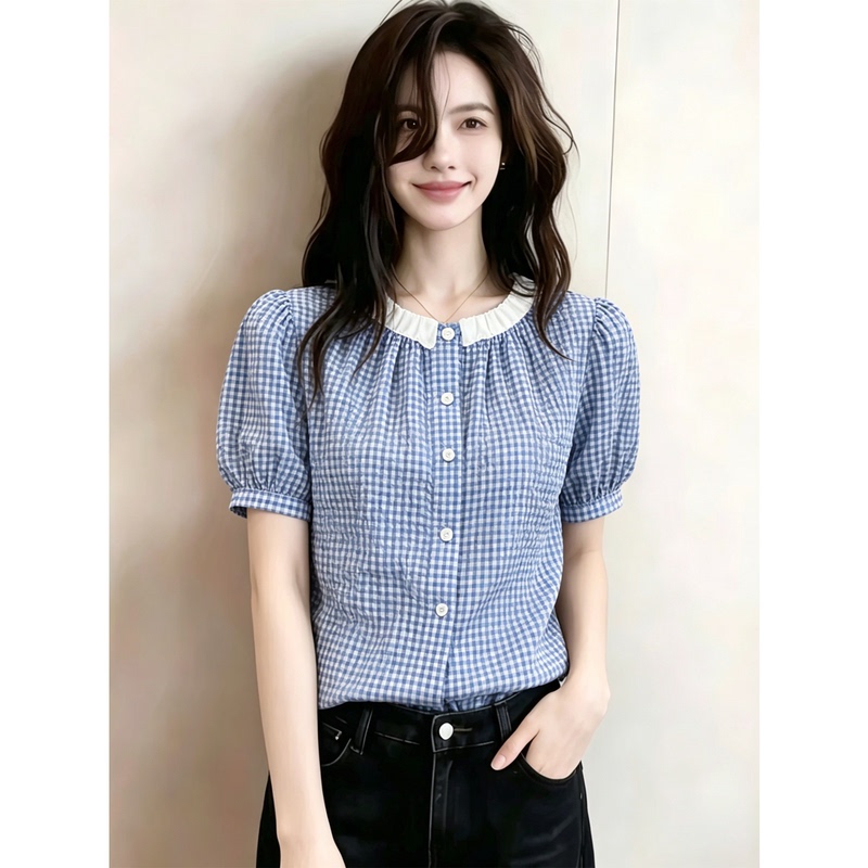 Summer 2026 New High-End French-Style Chic Top Korean-Style Blue Plaid Lace Short-Sleeve Shirt for Women