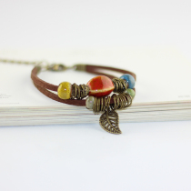 Original handmade retro cowhide rope bracelet ceramic kiln transformation beads Bohemia couple bracelet birthday gift