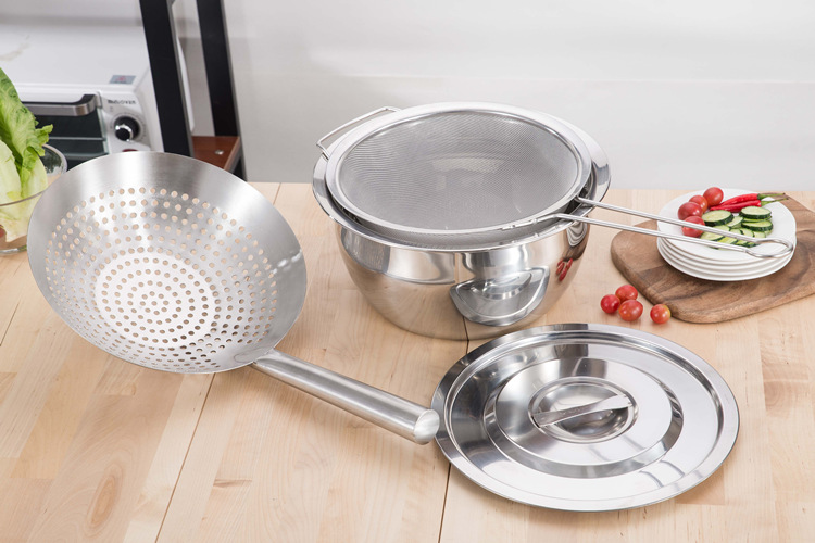 Dày chiên lẩu lớn colander kích thước lớn thép không gỉ đầu bếp dầu trống bị rò rỉ nhà bếp khách sạn bộ lọc lớn lưới kệ gia vị 2 tầng