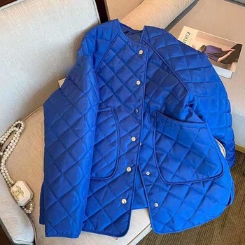 Blue cotton-padded jacket for women, medium-length, thickened korean version, loose diamond-shaped high-end temperament cotton-padded jacket, winter coat Blue cotton-padded jacket for women, medium-length, thickened korean version, loose diamond-shaped high-end temperament cotton-padded jacket, winter coat