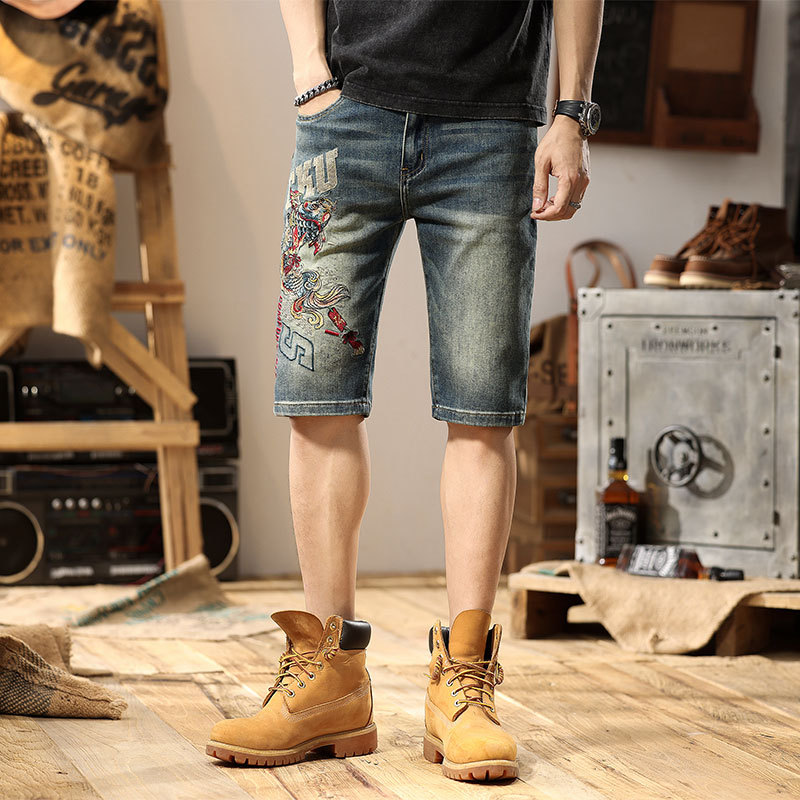 Chinese Style High-End Heavy-Duty Large Size Embroidered Trendy Five-Point Denim Shorts Men's Summer Mid-Length Stretch Shorts Breeches Chinese Style High-End Heavy-Duty Large Size Embroidered Trendy Five-Point Denim Shorts Men's Summer Mid-Length Stretch Shorts Breeches