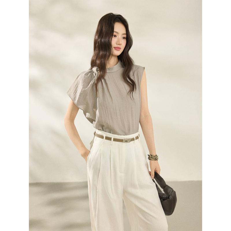 Wenran "Sea Salt Toffee" Cool and Refreshing Tencel-Linen Blend Sleeveless Shirt, Unique Irregular Commuter Top Wenran "Sea Salt Toffee" Cool and Refreshing Tencel-Linen Blend Sleeveless Shirt, Unique Irregular Commuter Top
