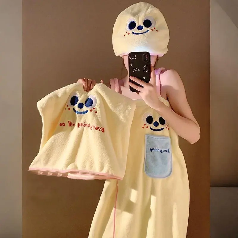 Cute Bath Towel, Bathrobe, Wearable Quick-Drying Bath Skirt for Women, Full-Body Wrap, Household Cartoon Hair Drying Cap, Dormitory Three-Piece Set