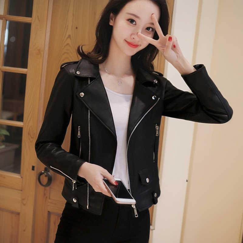 Spring and Autumn New Black Leather Jacket for Women, Short Korean Style Biker Pu Leather Jacket, Slim Fit, Slimming Women's Small Autumn Coat