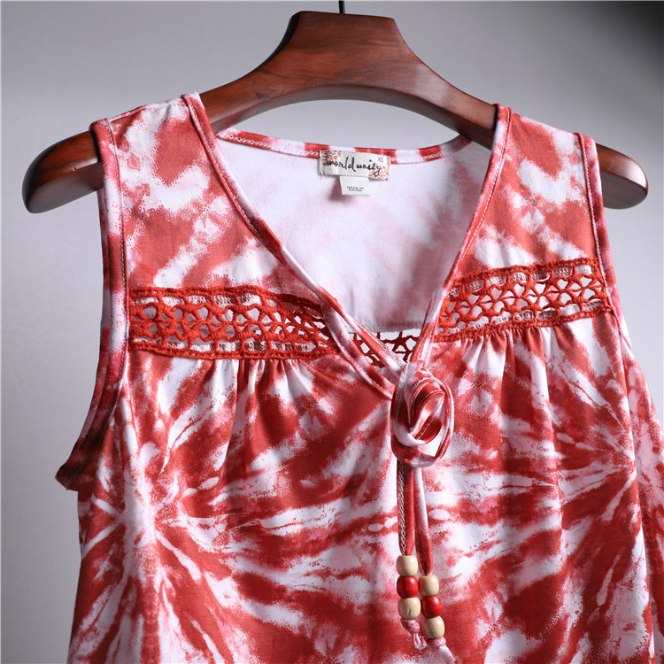 Foreign trade clearance women's summer casual V-neck vest loose hollow stitching national style design sleeveless T-shirt