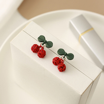 Bow red cherry earrings cute sweet color color earrings Korean fashion temperament Net red earrings ear clip