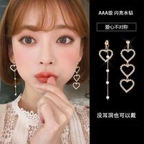 Girl Super fairy sweet love long pearl earrings day Korean temperament asymmetric earrings without ear hole ear clip female