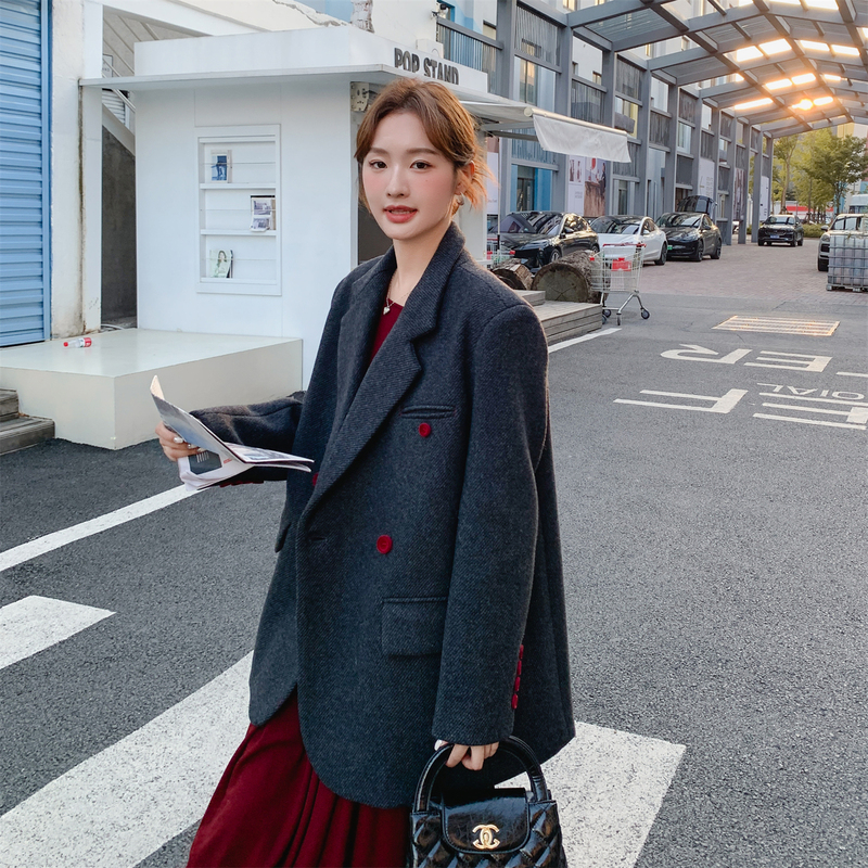 Dark Gray Woolen Blazer for Women, Winter 2026 New Style, Petite, High-End, Elegant, Quilted Woolen Coat