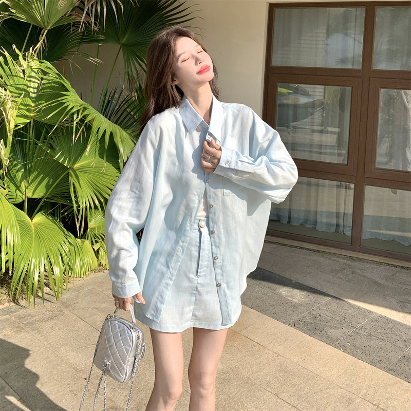 Light Blue Sun-Protective Shirt and Short Skirt Set for Women, Summer Korean Style, Loose Fit, Slimming, Casual, Elegant, Suitable for Commuting, Thin Two-Piece Set