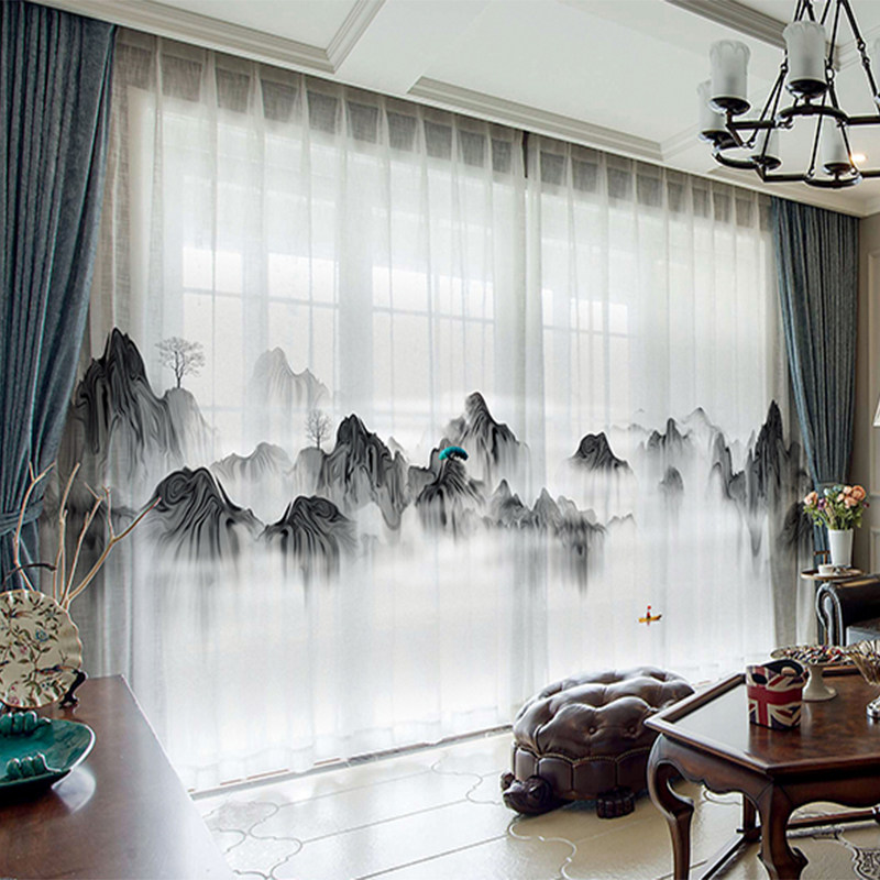 Modern new Chinese ink landscape painting scenery living room study high-end bedroom famous curtain Zen curtain screen window screen