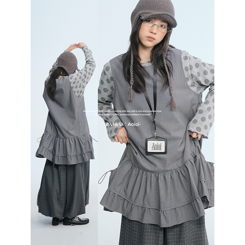 Aoioi Japanese Retro Layered Sleeveless Vest Dress for Women, Autumn Loose Fit, Slimming, Versatile Mid-Length Skirt