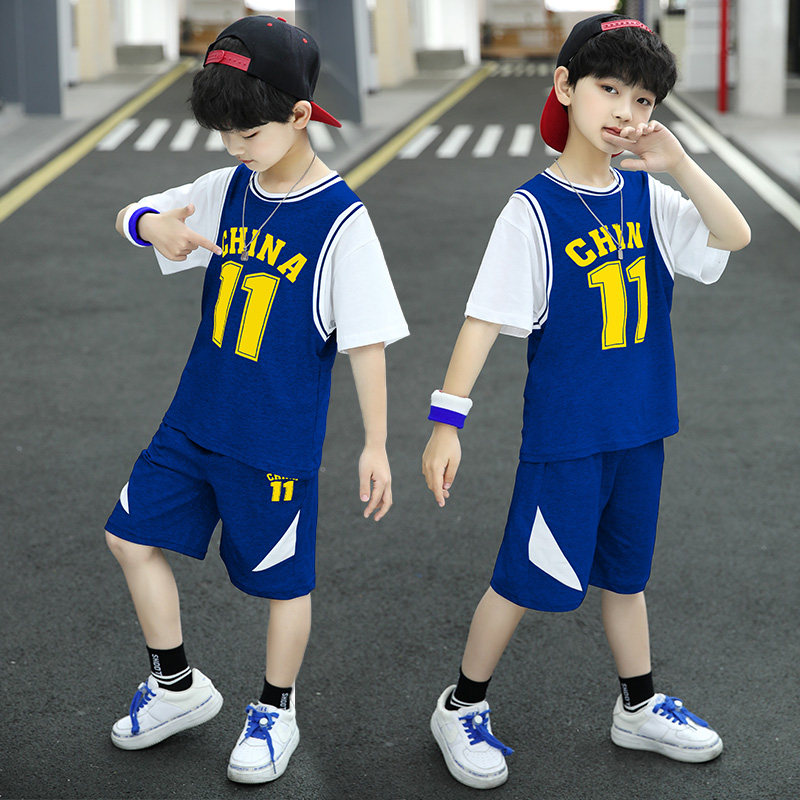 Children's suit boys basketball suit suit cotton short-sleeved summer suit 2022 new summer middle-aged children's sports two-piece suit