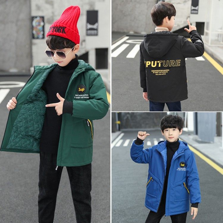 Boys' jacket quilted thickening autumn and winter clothing 2021 new children's hooded windbreaker mid-length version medium and big children's thin cotton coat
