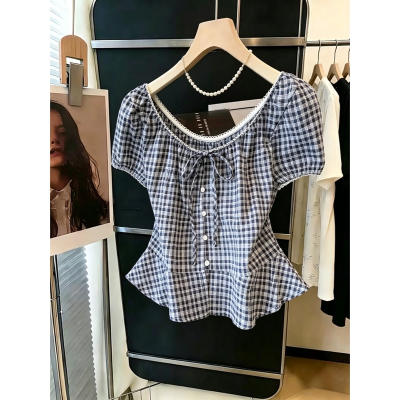 Shenzhen Nanyou High-End Women's Clothing ~ Vintage Plaid Puff Sleeve Shirt for Women, Summer Lace-Up Babydoll Top, Slimming Blouse